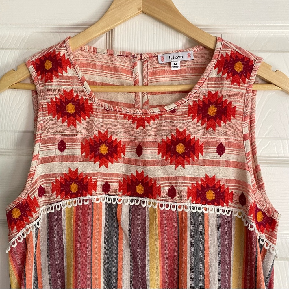 L. Love Cotton Red Colorful Midi Sleeveless Dress Pockets